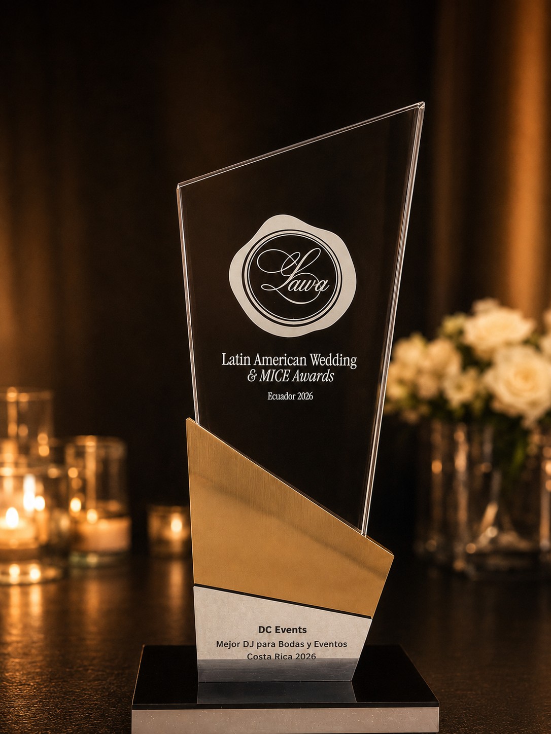 Premio Latin American Wedding & MICE Awards 2026 otorgado a DC Events como Mejor DJ para Bodas y Eventos de Costa Rica.